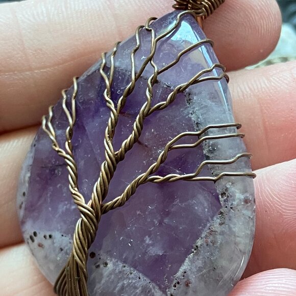 Copper Wire Wrapped Amethyst Tree Of Life Crystal Gemstone Jewelry Pendant - Picture 6 of 9